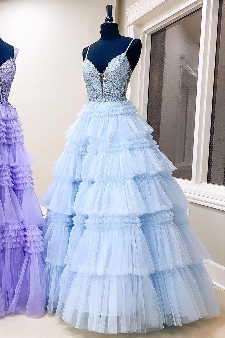 Glamorous Black Prom Dress Delicate Beaded Spaghetti Strap Ruffle Tiered Evening Dress