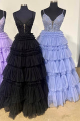 Glamorous Black Prom Dress Delicate Beaded Spaghetti Strap Ruffle Tiered Evening Dress