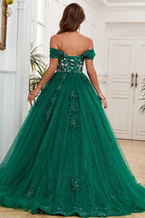 Glamorous & Glitter Ball Gown Off Shoulder Sleeveless Flower Beaded Appliques Dark Green Tulle Formal Evening Party Gown Quinceanera Dress For Sweet 16