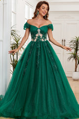 Glamorous & Glitter Ball Gown Off Shoulder Sleeveless Flower Beaded Appliques Dark Green Tulle Formal Evening Party Gown Quinceanera Dress For Sweet 16