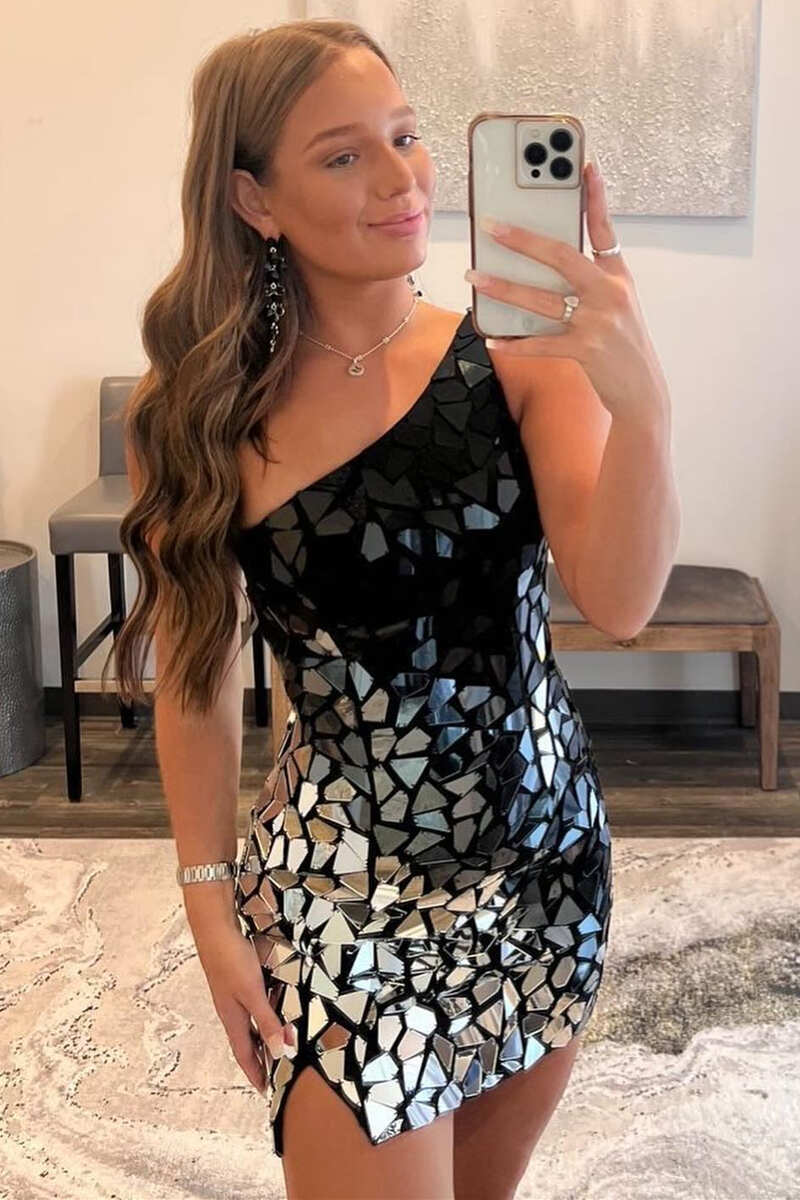 Glamorous Homecoming Dress Black Gradient Cut Glass Mirror One Shoulder Short Party Cocktail Dress