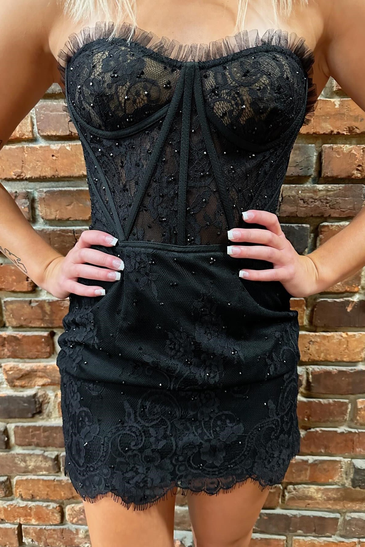 Glamorous Homecoming Dress Black Strapless Eyelash Lace Short Party Cocktail Dress