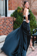 Glamorous Prom Dress Black Rhinestone V Neck Long Formal Short Party Evening Dress