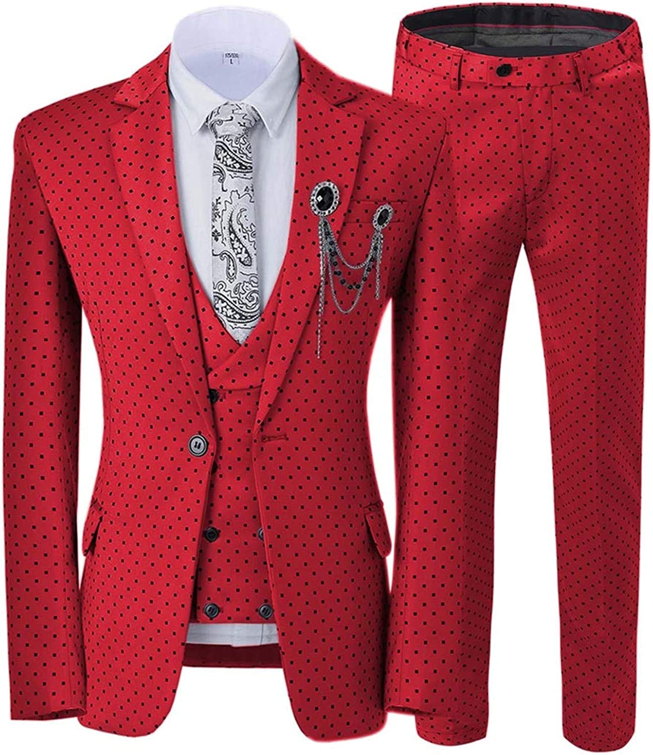 Glamorous Red Notched Lapel 3 Piece Prom Suit with Black Dot