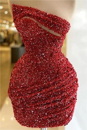 Glamorous Sequined Red Homecoming Dress Sleeveless Strapless Short Cocktail Dress With Pleated