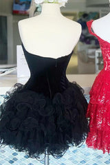 Glamorous Velvet Cocktail Dress Black Strapless Ruffles Short Party Dress