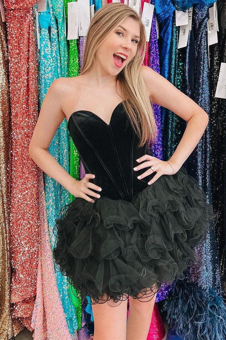 Glamorous Velvet Cocktail Dress Black Strapless Ruffles Short Party Dress