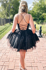Glitter Black Homecoming Dresses A-Line Tulle Short Cocktail Dresses with Lace