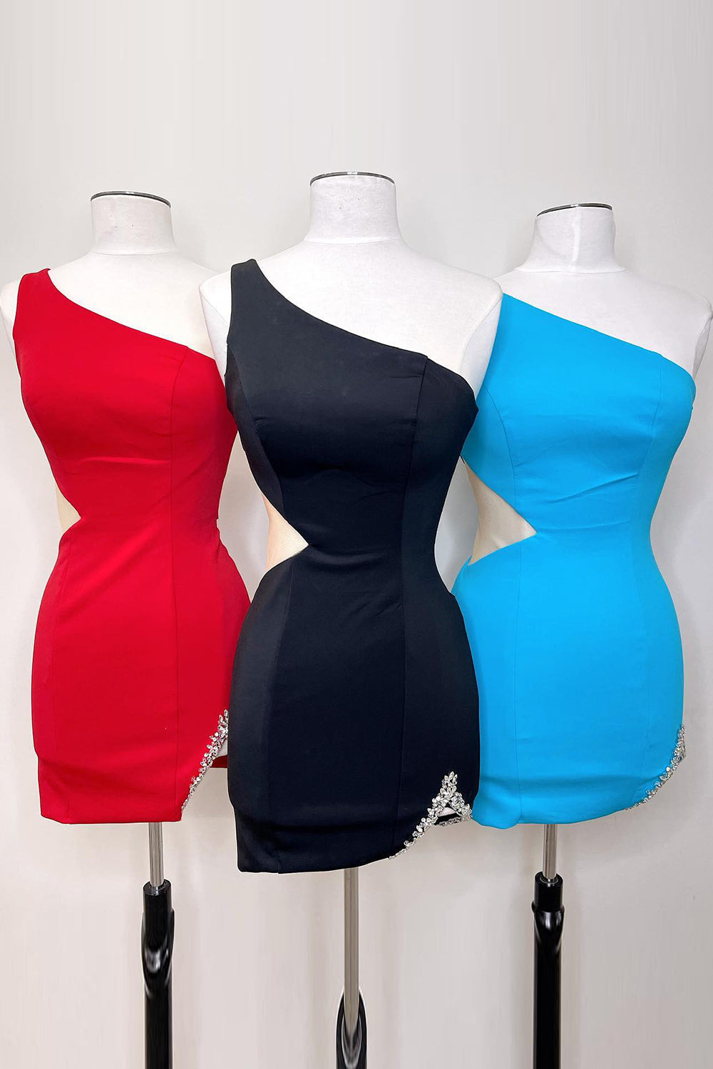 Glitter Black Homecoming Dresses One Shoulder Cut Out Tight Short Cocktail Dresses