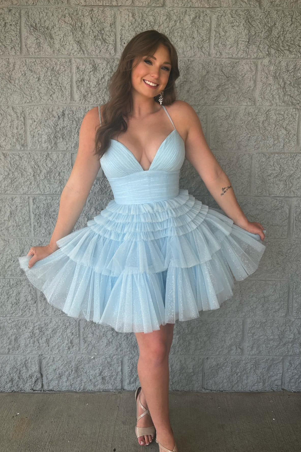 Glitter Blue Homecoming Dresses A-Line Tulle Tiered Short Cocktail Dresses