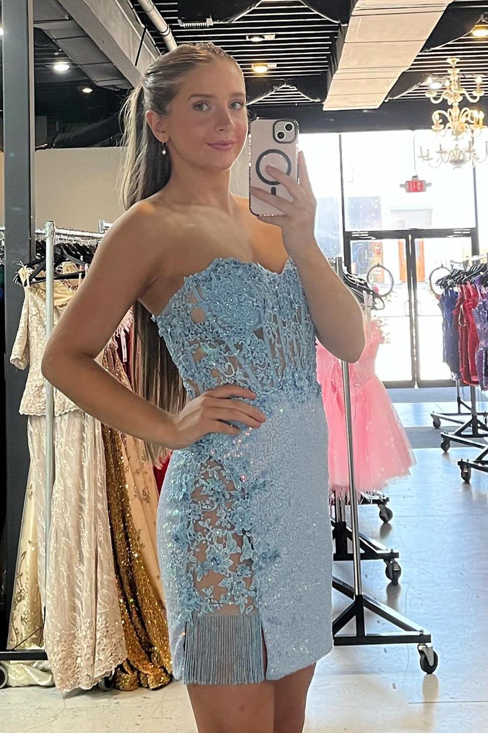 Glitter Blue Homecoming Dresses Corset Floral Sequin Tight Short Cocktail Dresses with Fringes
