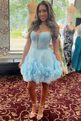 Glitter Blue Homecoming Dresses Corset Tulle A-Line Tulle Short Cocktail Dresses With Pocket