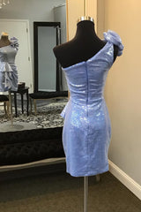 Glitter Blue Homecoming Dresses Sequin One Shoulder Tiered Cocktail Dresses