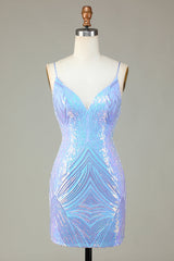 Glitter Blue Homecoming Dresses Sequin Tight Short Cocktail Dresses