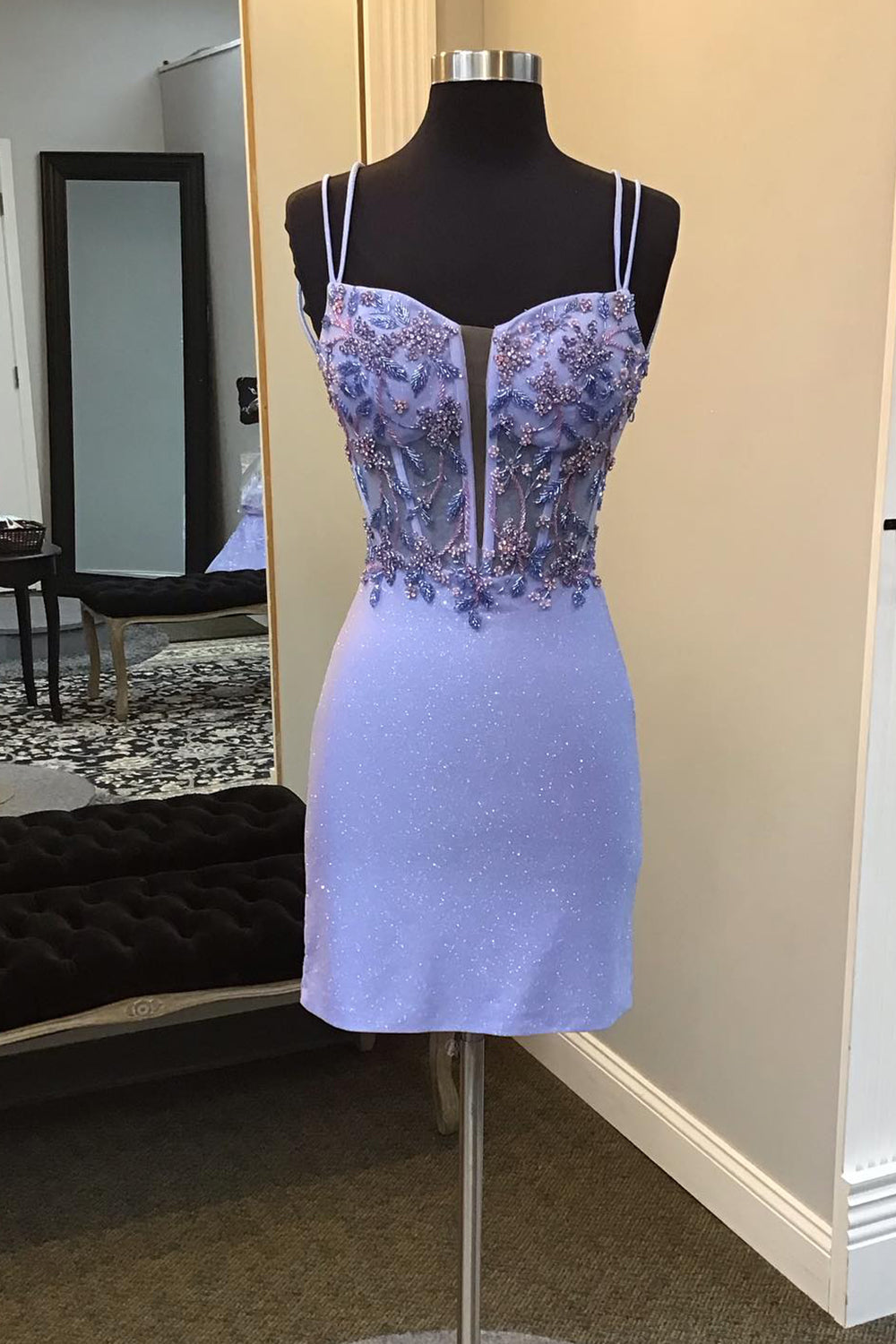 Glitter Blue Homecoming Dresses Spaghetti Straps Corset Tight Short Beaded Cocktail Dresses