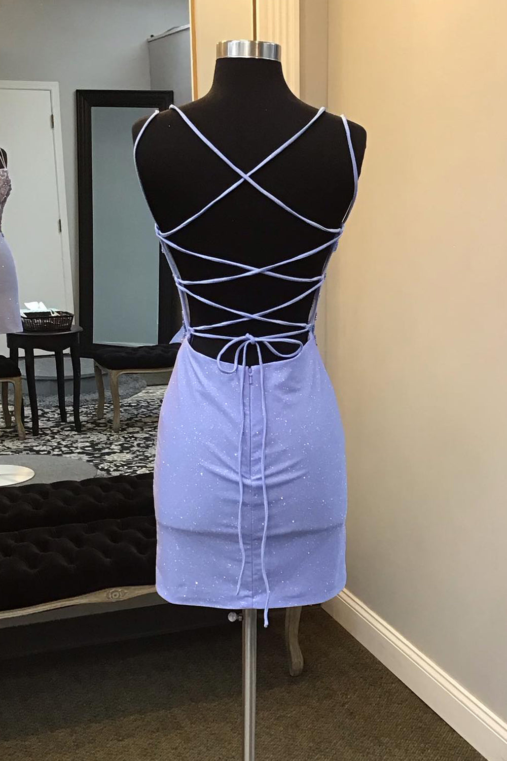 Glitter Blue Homecoming Dresses Spaghetti Straps Corset Tight Short Beaded Cocktail Dresses