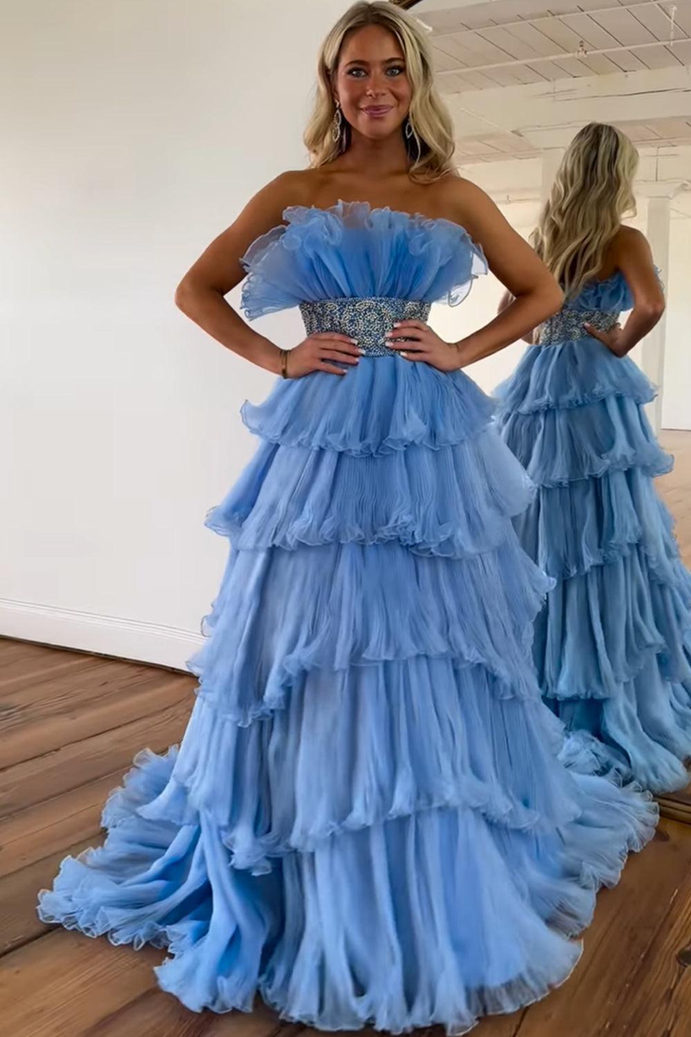 Glitter Blush A Line Beaded Long Tulle Tiered Prom Dress with Ruffles