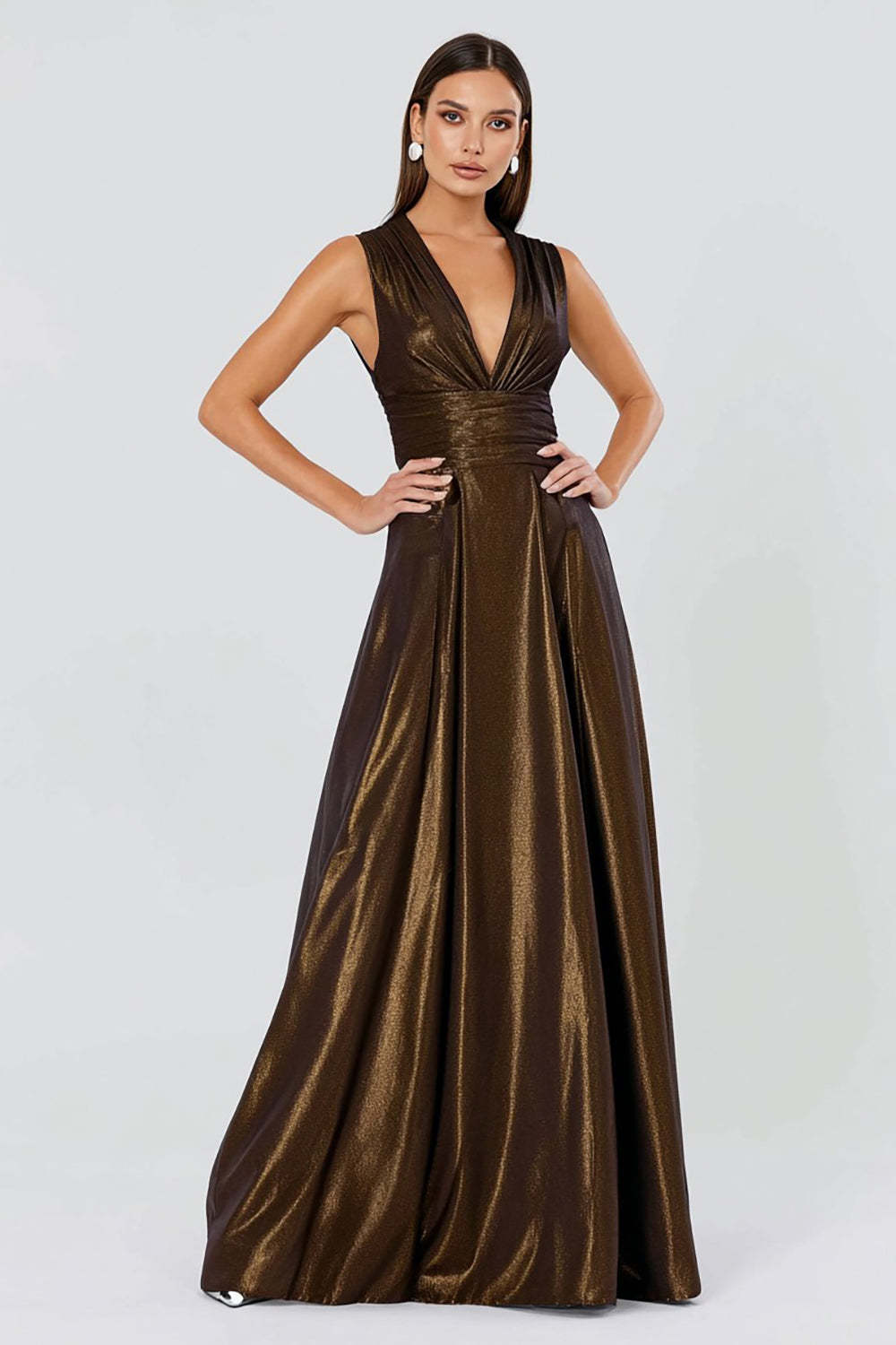 Dressystars Glitter Brown A-Line Deep V-Neck Pleated Long Prom Dress
