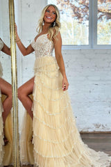 Glitter Corset Tiered Long Tulle Prom Dress with Slit