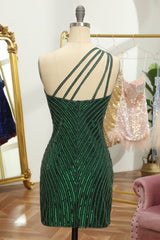 Glitter Dark Green Homecoming Dresses One Shoulder Beaded Tight Cocktail Dresses