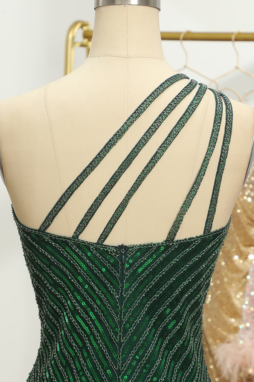 Glitter Dark Green Homecoming Dresses One Shoulder Beaded Tight Cocktail Dresses