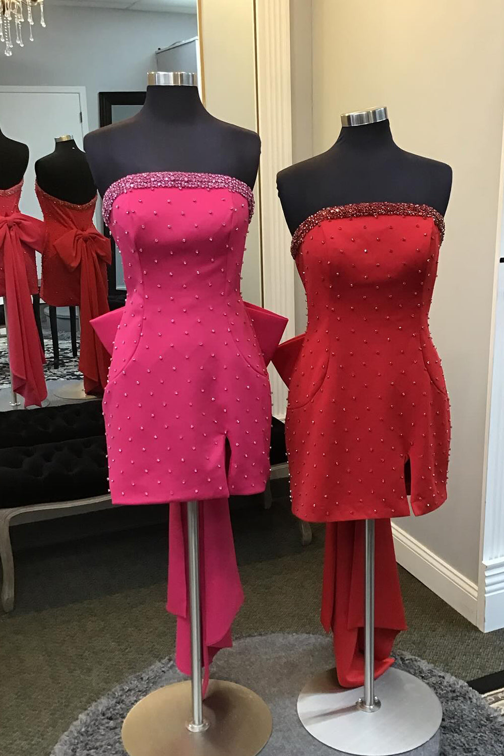 Glitter Fuchsia Homecoming Dresses Beaded Strapless Bodycon Short Cocktail Dresses With Bow
