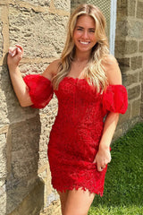 Glitter Fuchsia Homecoming Dresses Detachable Short Sleeves Tight Lace Short Cocktail Dresses