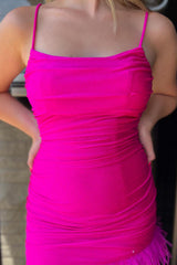 Glitter Fuchsia Homecoming Dresses Feathered Tight Short Cocktail Dresses