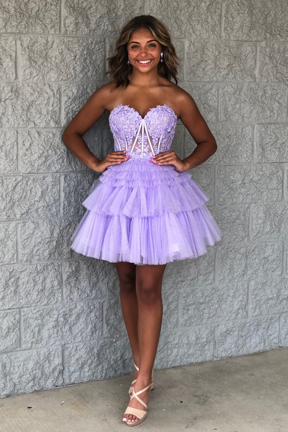 Glitter Lavender Homecoming Dresses Corset Tiered Short A-Line Tulle Cocktail Dresses with Lace