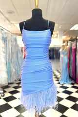 Glitter Light Blue Homecoming Dresses Feathered Tight Short Cocktail Dresses