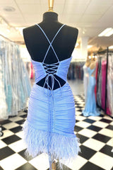 Glitter Light Blue Homecoming Dresses Feathered Tight Short Cocktail Dresses