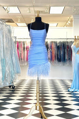 Glitter Light Blue Homecoming Dresses Feathered Tight Short Cocktail Dresses