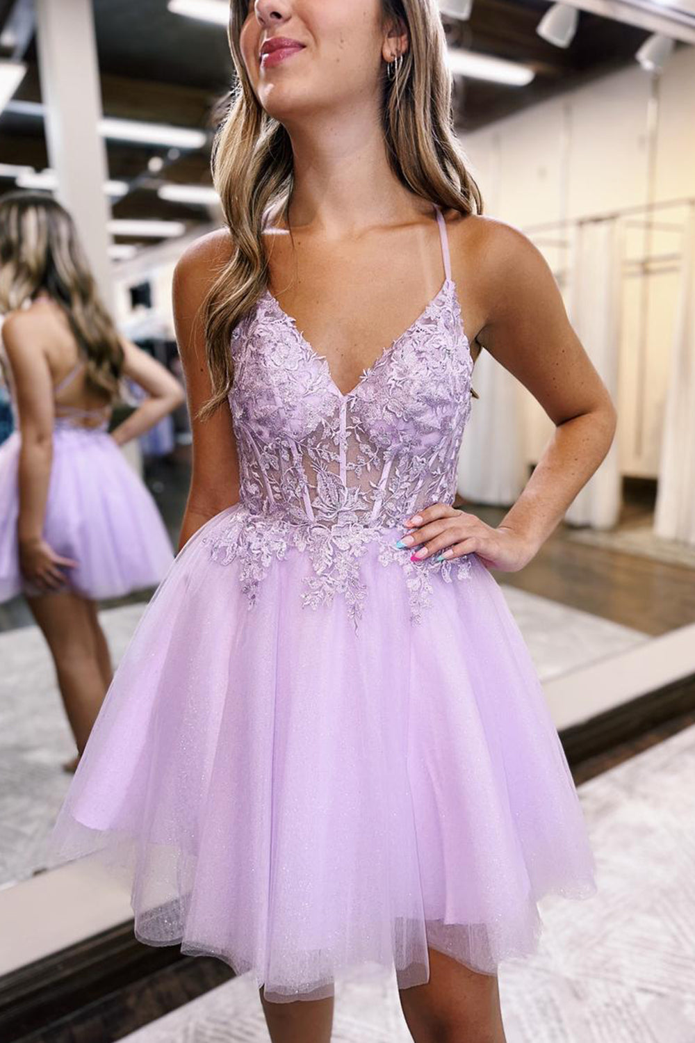 Glitter Lilac Homecoming Dresses Corset A-Line Tulle Short Cocktail Dresses with Lace