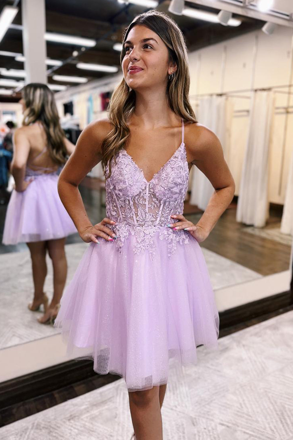 Glitter Lilac Homecoming Dresses Corset A-Line Tulle Short Cocktail Dresses with Lace