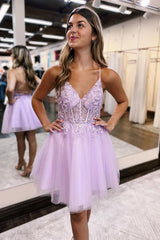 Glitter Lilac Homecoming Dresses Corset A-Line Tulle Short Cocktail Dresses with Lace