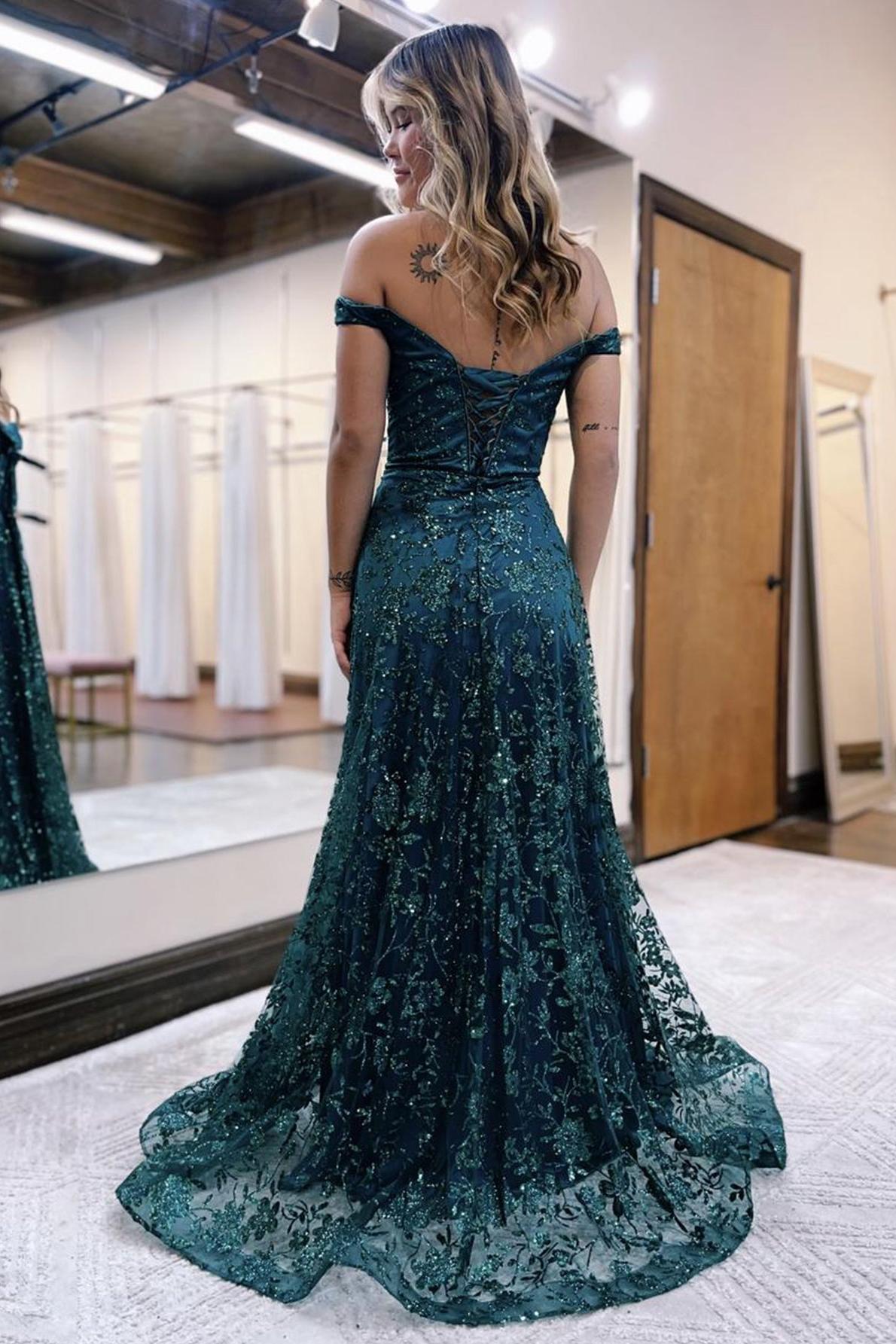 Glitter Mermaid Prom Dress Off The Shoulder Dark Green Long Evening Dress