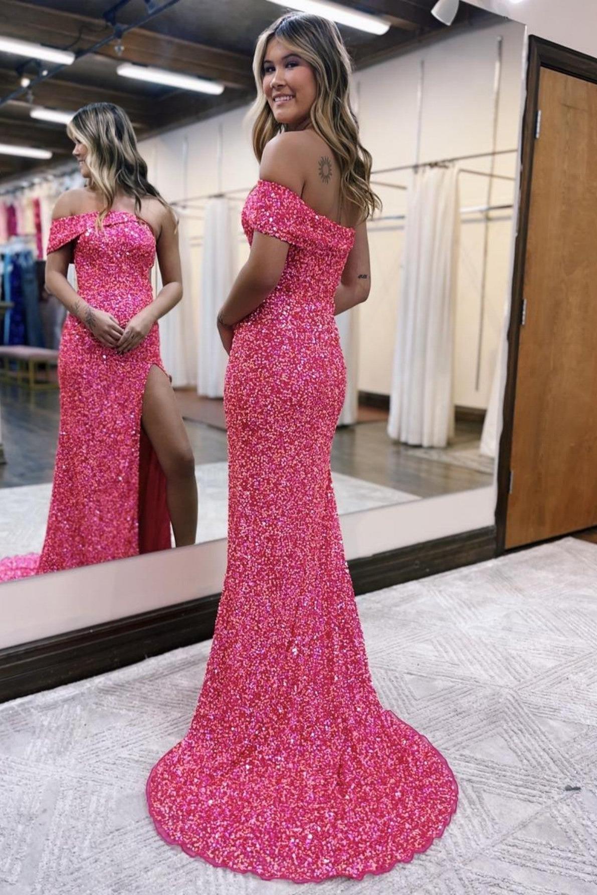 Glitter Mermaid Prom Dress One Shoulder Pink Long Evening Dress with Split
