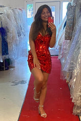 Glitter Mirror Red Homecoming Dresses Corset Tight Short Cocktail Dresses