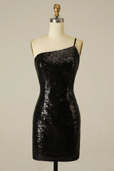 Glitter One Shoulder Tight Black Homecoming Dresses Cocktail Dresses
