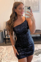 Glitter One Shoulder Tight Black Homecoming Dresses Cocktail Dresses