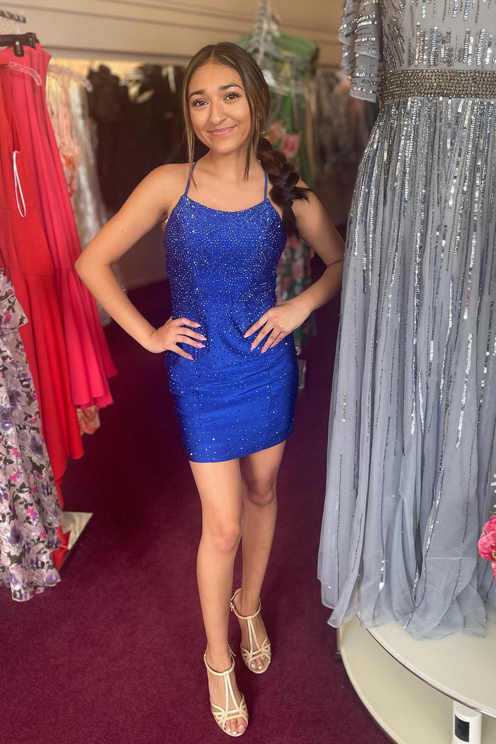 Glitter Orange Homecoming Dresses Backless Tight Beaded Short Cocktail Dresses