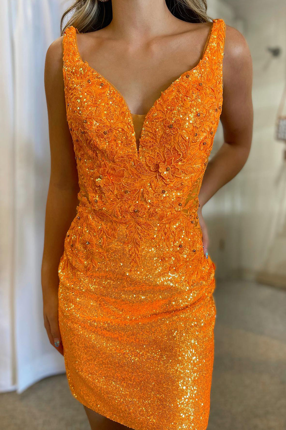 Glitter Orange Homecoming Dresses Corset Sequin Tight Short Cocktail Dresses with Appliques