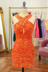 Glitter Orange Homecoming Dresses Halter Backless Sequin Tight Cocktail Dresses