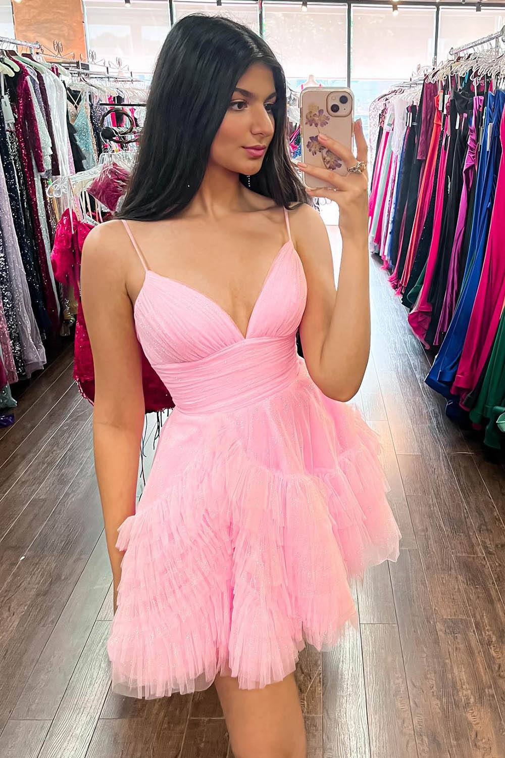 Glitter Pink Homecoming Dresses Tulle A-Line Short Ruffled Cocktail Dresses