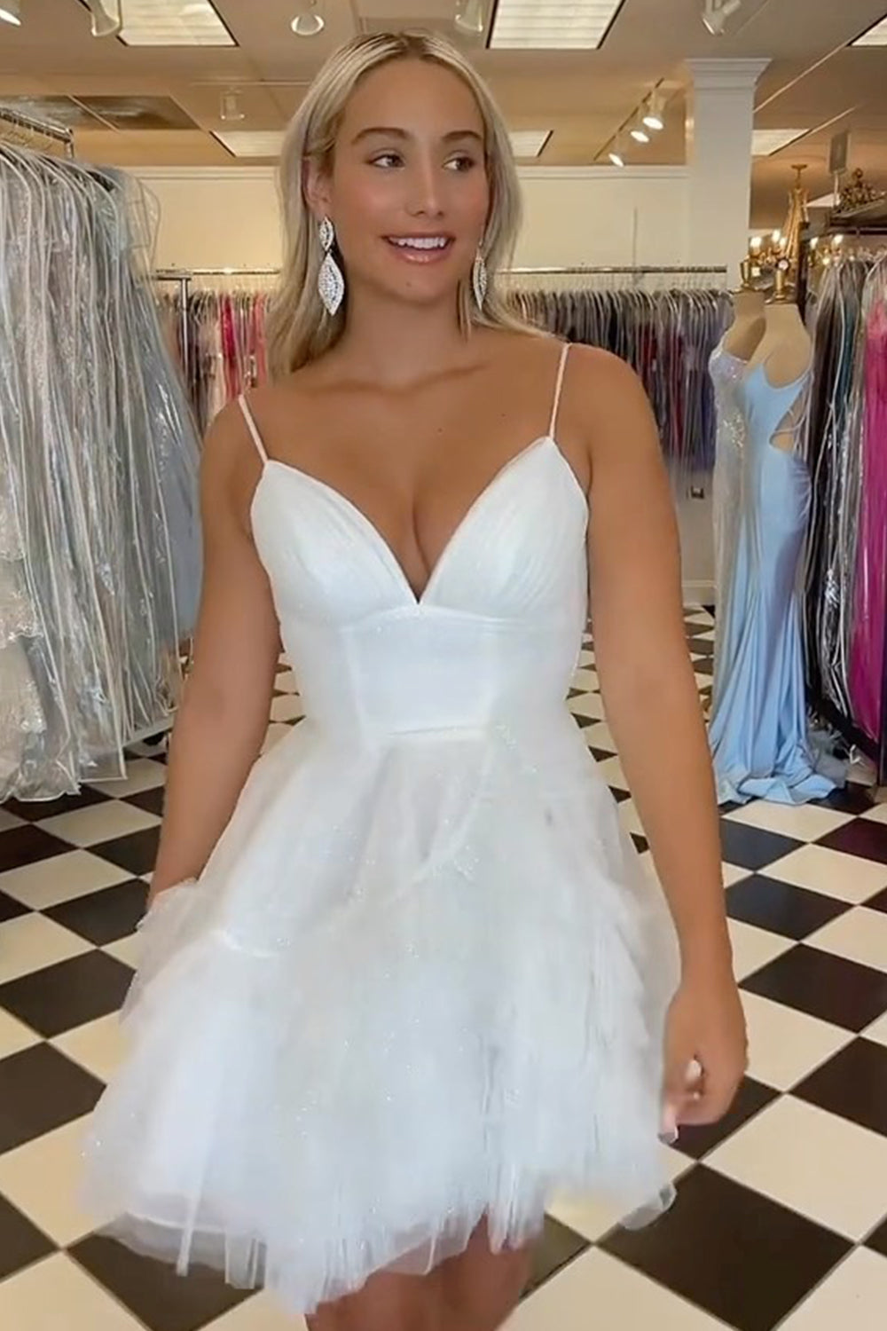 Glitter Pink Homecoming Dresses Tulle A-Line Short Ruffled Cocktail Dresses