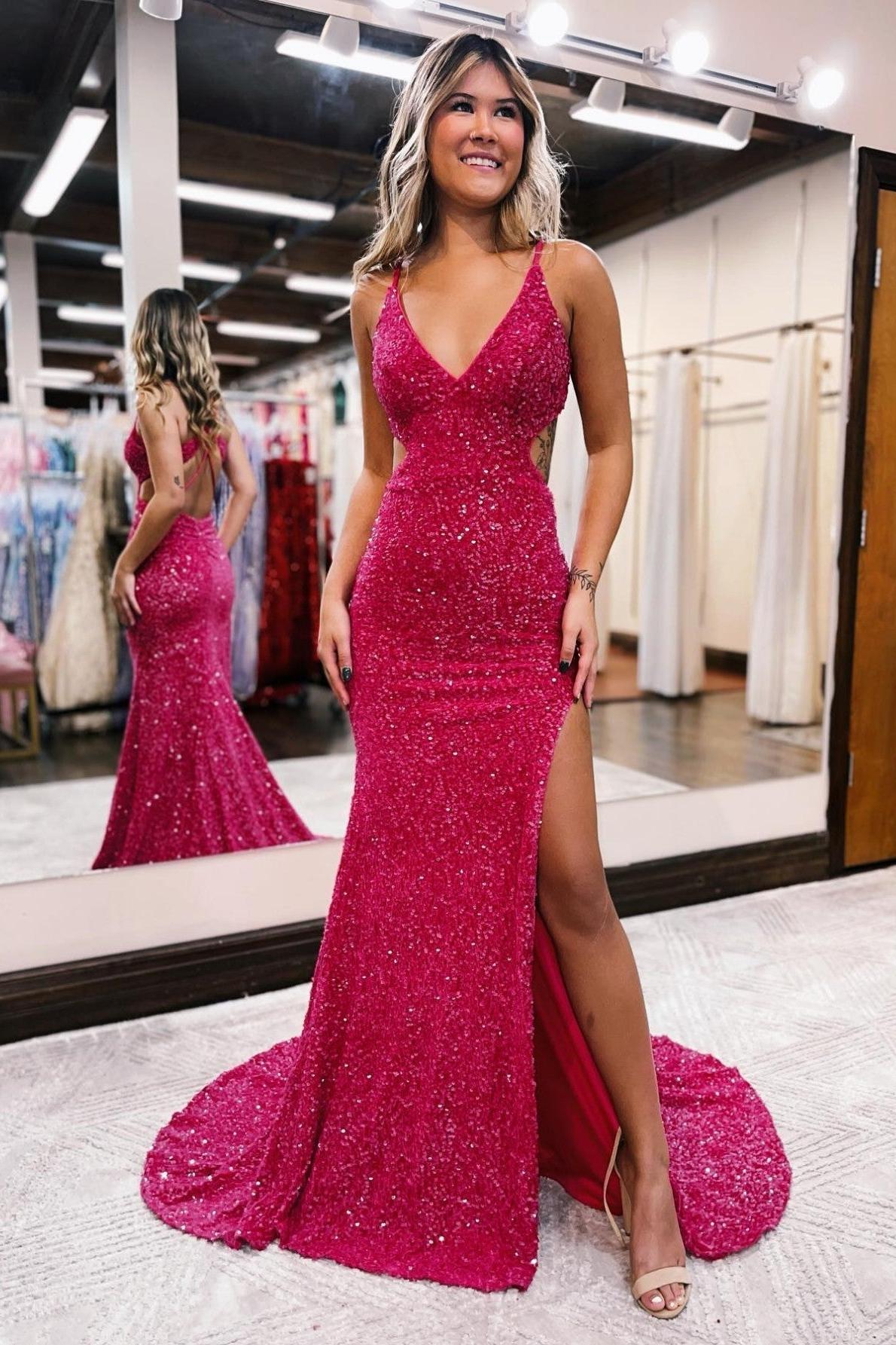 Glitter Red Prom Dress Mermaid V Neck Cut Out Evening Dress With Split