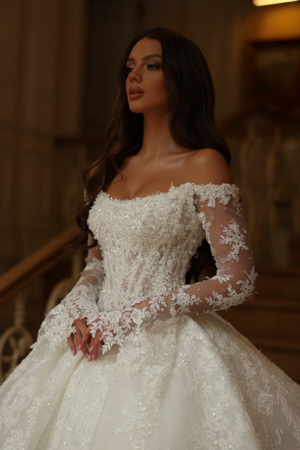 Glitter Tulle Ball Gown Wedding Dress with Beaded Lace Sleeves