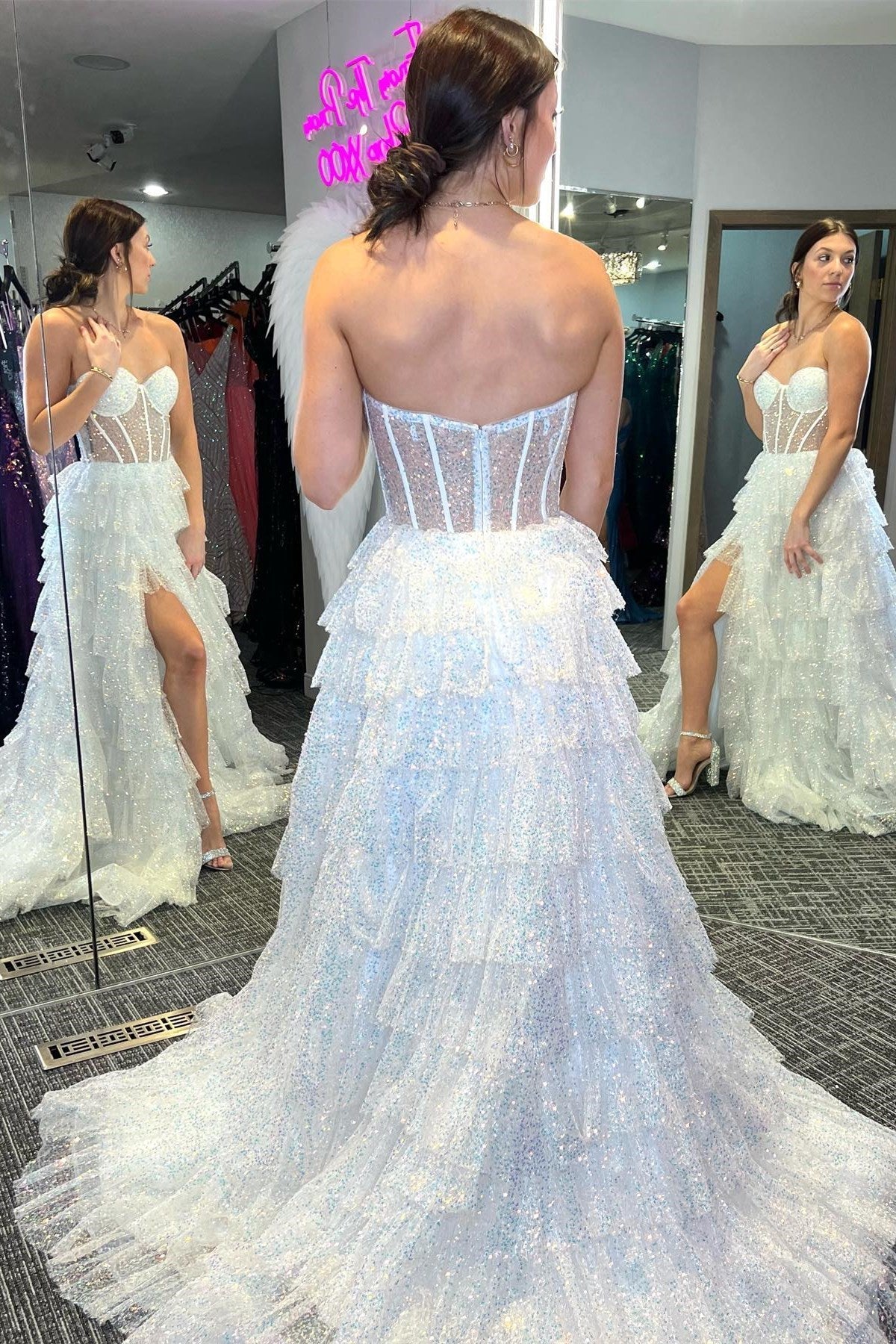 Glitter Tulle Prom Dress Corset Ruffle Tiered Long Evening Dress With Split