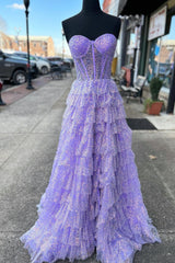 Glitter Tulle Prom Dress Corset Ruffle Tiered Long Evening Dress With Split
