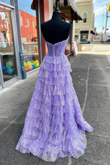 Glitter Tulle Prom Dress Corset Ruffle Tiered Long Evening Dress With Split